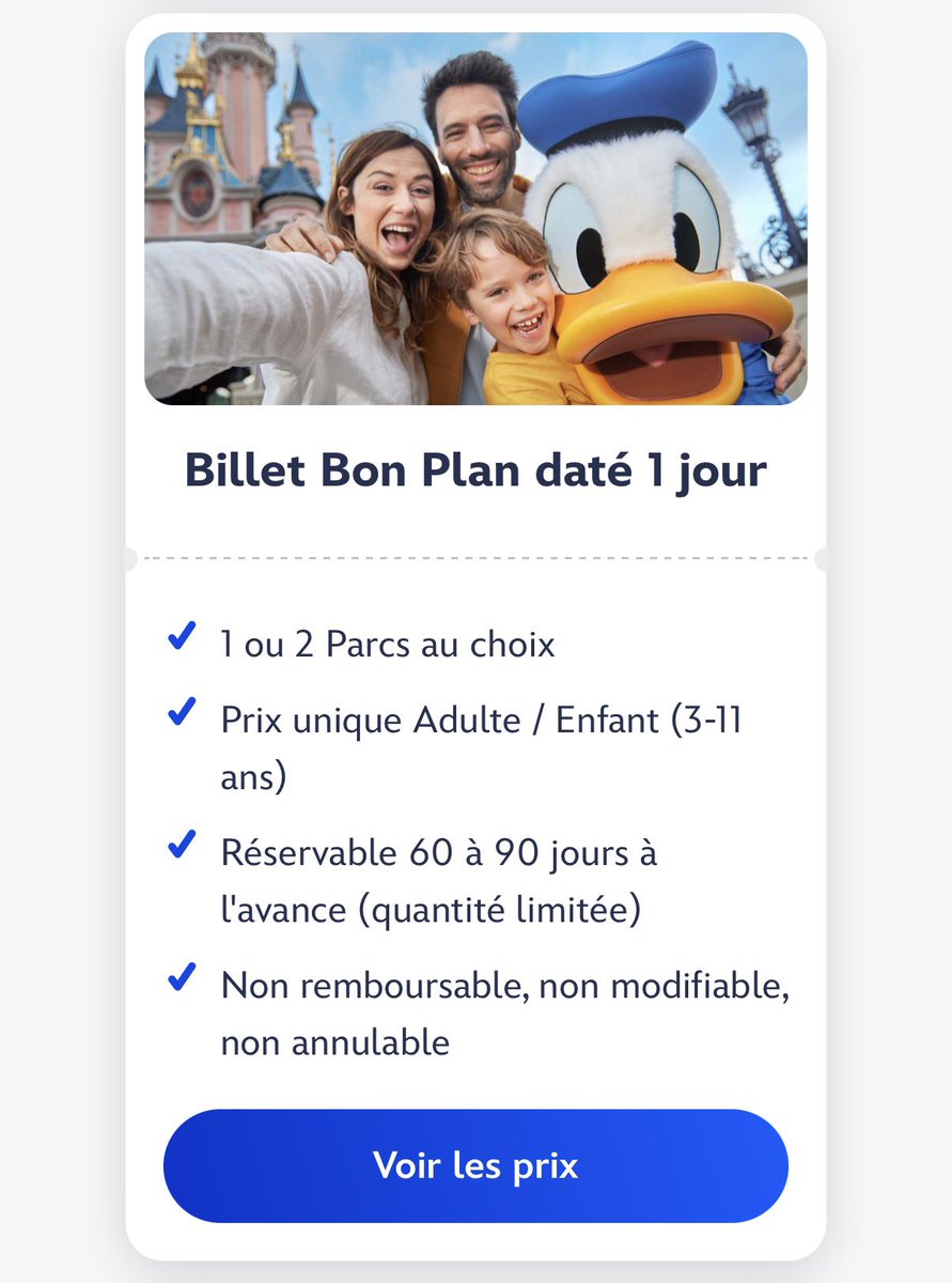 DLP_World's tweet photo. 🎟️ Disneyland Paris lance aujourd’hui son billet "Bon Plan" au tarif unique de 49€ pour 1 parc, et 74€ pour 2 parcs.  

Ces billets sont réservables 60 à 90 jours à l'avance, datés, non annulables, non modifiables et non remboursables.

Une file d’attente virtuelle a été mise en place sur le site internet.