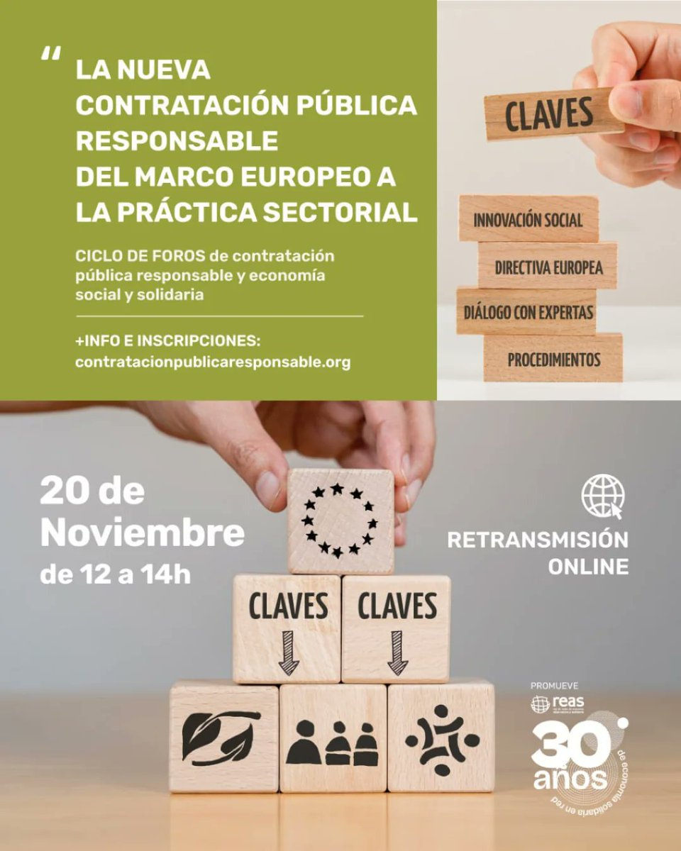📢 Este jueves se celebra el seminario online de REAS Red de Redes: “La nueva contratación pública responsable: del marco europeo a la práctica sectorial”

🕛 De 11:00 a 13:00 h (hora canaria)
💻 Formato online

👉 Inscríbete en contratacionpublicaresponsable.org/noticia/la-nue…
