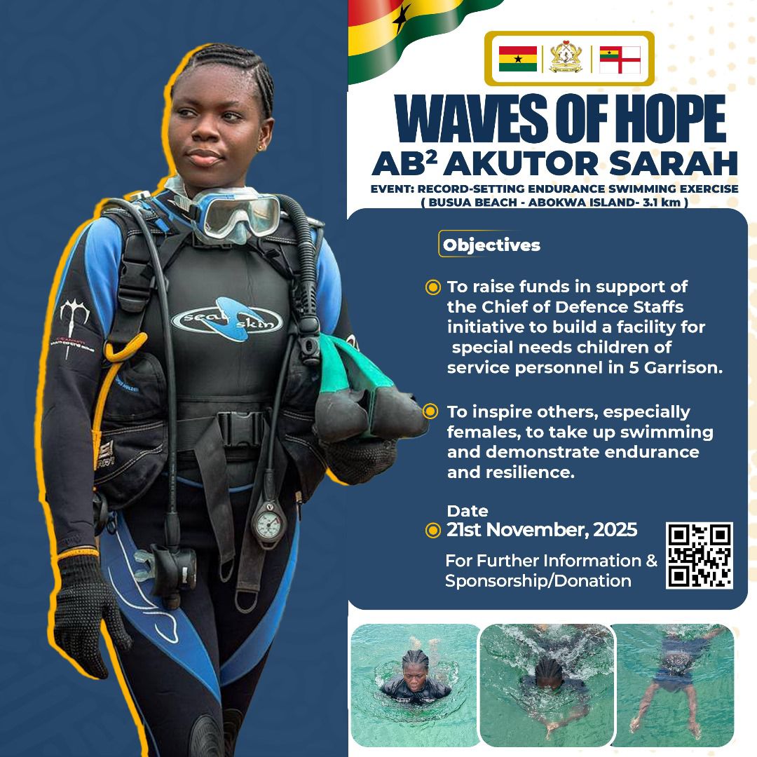 GhArmedForces's tweet image. AB2 Akutor Sarah of the Ghana Navy is set to embark on an endurance swim on Friday 21 November 2025 from Busua Beach to Abokwa Island in the Western Region.

This endurance swim is to raise funds to support the Chief of Defence Staff&apos;s initiative to build a school for special…
