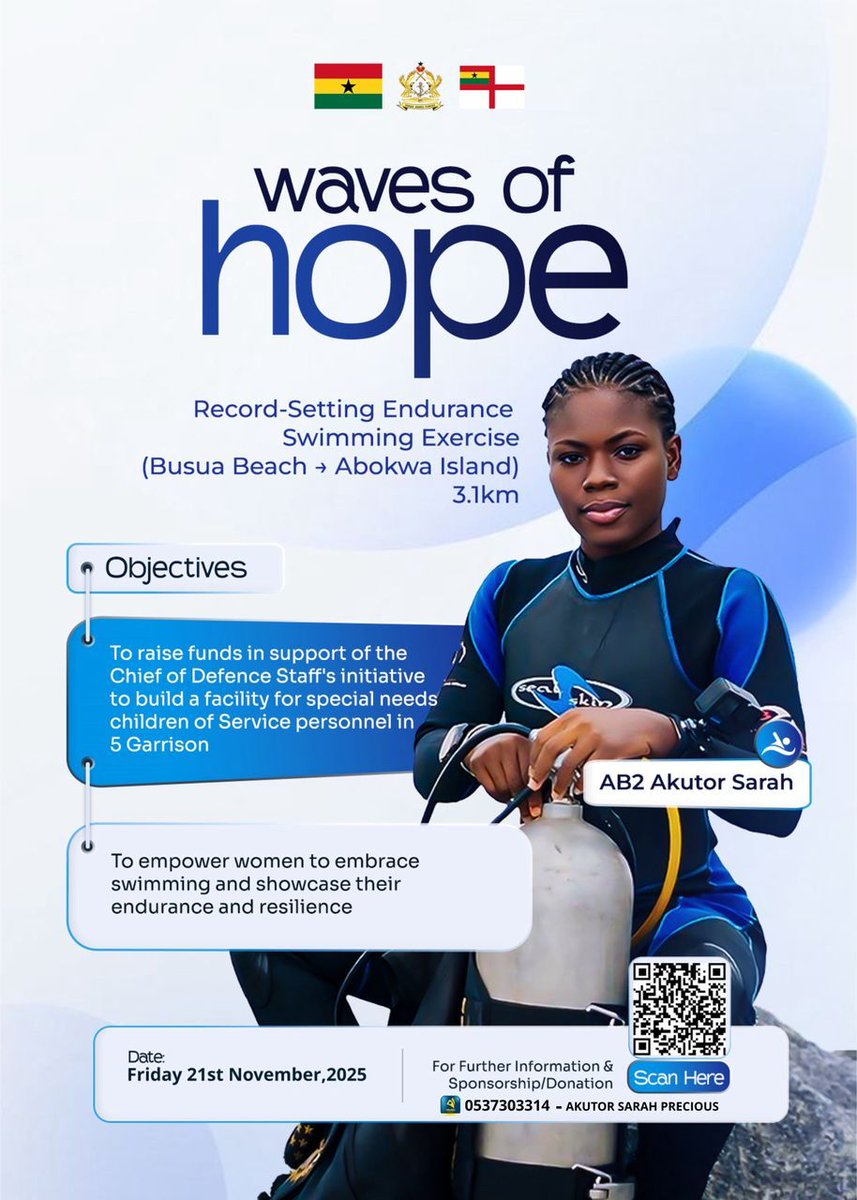 GhArmedForces's tweet image. AB2 Akutor Sarah of the Ghana Navy is set to embark on an endurance swim on Friday 21 November 2025 from Busua Beach to Abokwa Island in the Western Region.

This endurance swim is to raise funds to support the Chief of Defence Staff&apos;s initiative to build a school for special…