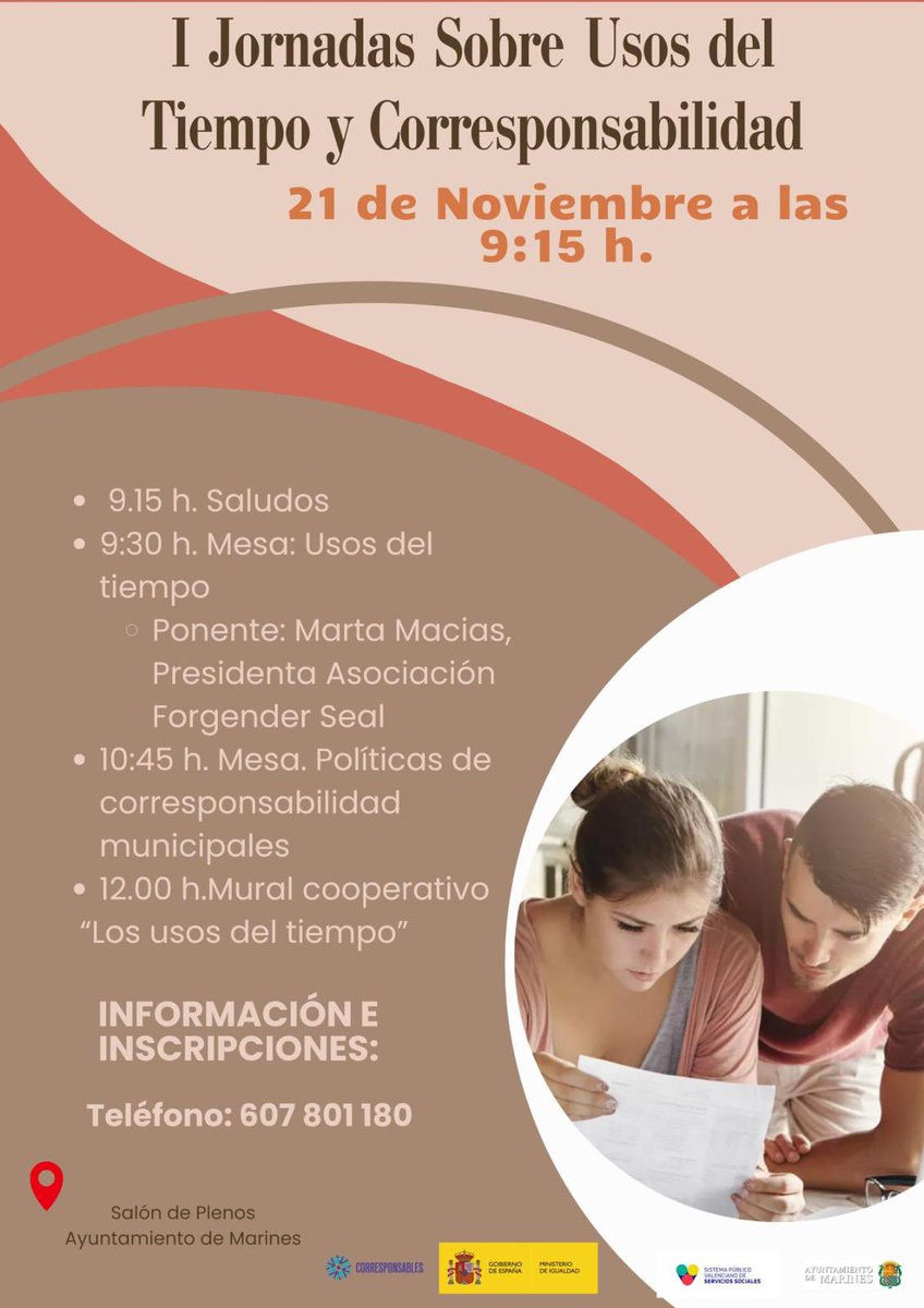 🟣 #Agenda l’<a href="/AytoMarines/">Ayuntamiento Marines</a> #València organitza la Jornada “Usos del Temps i Corresponsabilitat”
📆  21 de novembre, al saló de plens de l’Ajuntament. 
🗣️ <a href="/maciasmarta/">Macius</a> serà ponent en la taula de debat sobre #usosdeltemps 
🕐 De 9:15h a 12h
🎟️Inscripcions marines.es/noticia/jornad…