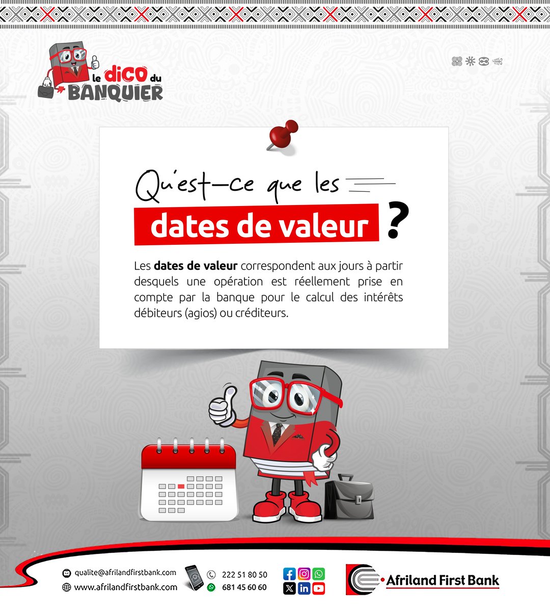 Afriland_CMR's tweet image. Pour bien comprendre vos mouvements bancaires, sachez que la date de valeur peut différer de la date à laquelle vous effectuez l’opération. 
#Datedevaleur #DicoduBanquier #Éducationfinancière #AfrilandFirstBank
#Financepourtous #Biengérersonargent #Comprendrelabanque