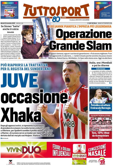 Front Page Tutto Sport, Tuesday 18 November 2025