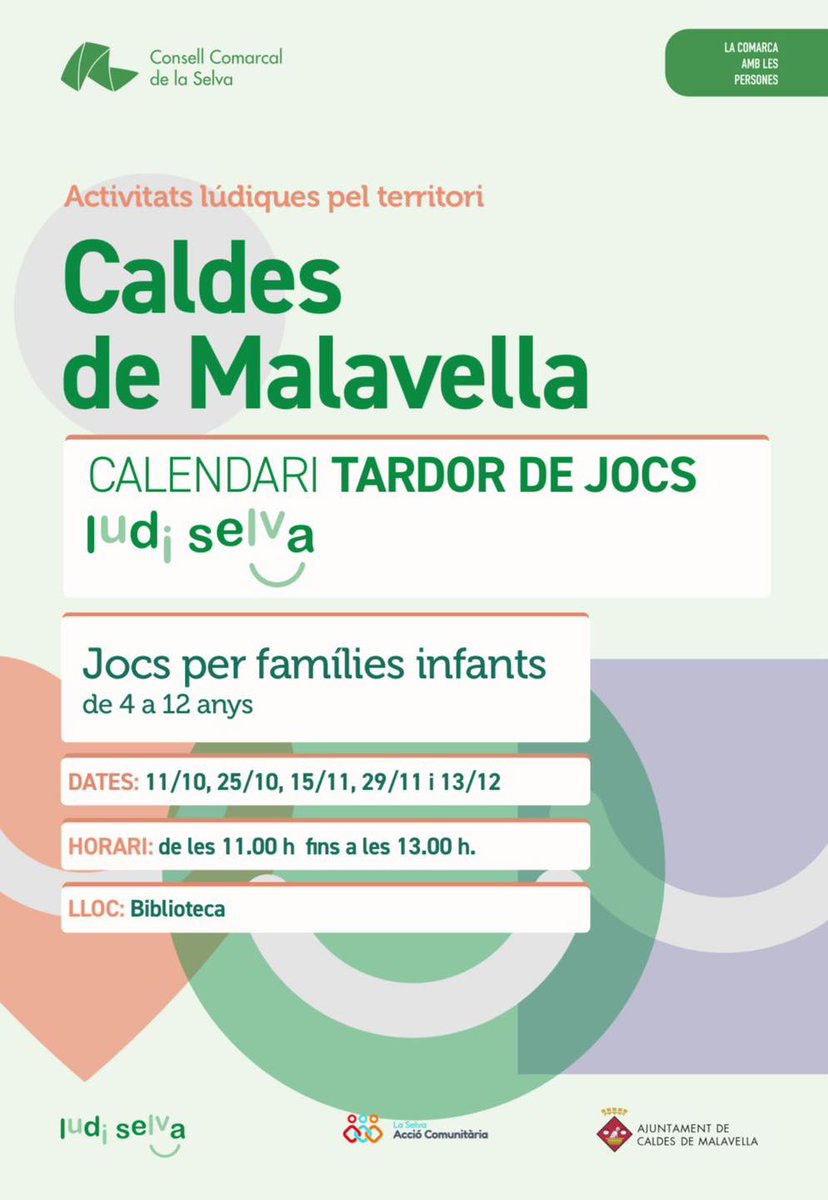 🎲 Calendari Tardor de Jocs
📍 Biblioteca de #CaldesdeMalavella <a href="/BiblioCaldes/">Biblioteca de Caldes de Malavella</a>
👧🧒 Famílies amb infants de 4 a 12 anys
🕚 D'11 a 13 h
📅 29/11 · 13/12
Vine a jugar en família! Activitats lúdiques, creatives i divertides per compartir bons moments amb els més petits.