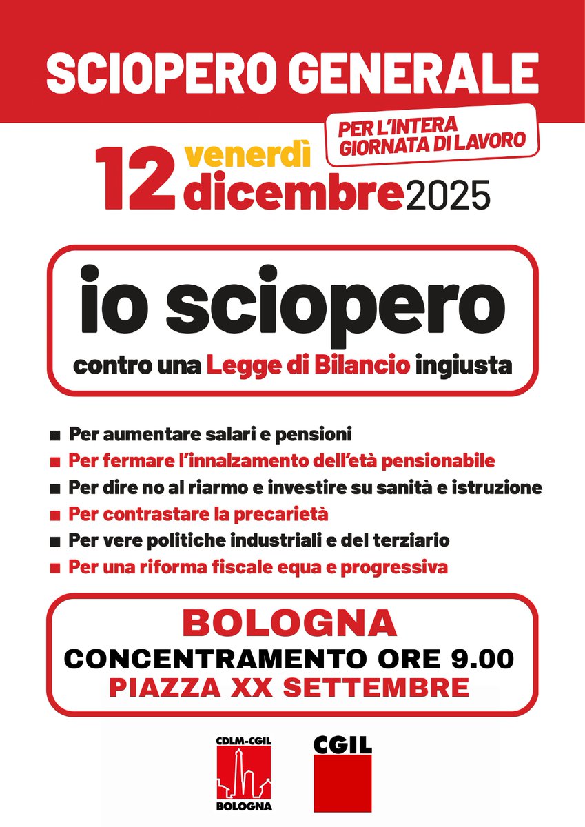 Il #12dicembre a Bologna concentramento per il corteo, nella giornata di #sciopero nazionale, alle 9 in piazza XX Settembre. Per approfondire leggi qui👉: cgilbo.it/tutte-le-news/…
