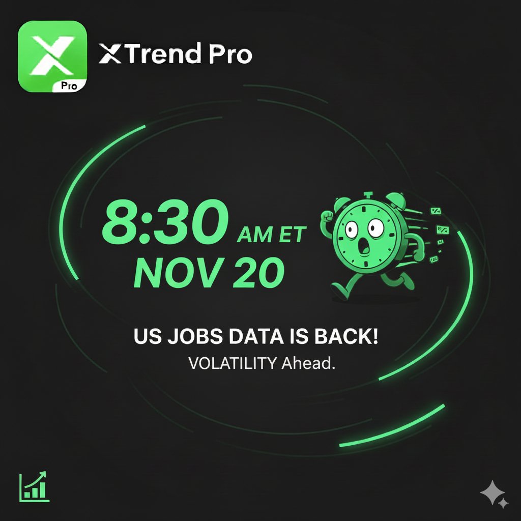 XTrend_Pro's tweet photo. 🇺🇸 After the historic government shutdown, key U.S. data is finally coming back.

The Bureau of Labor Statistics confirmed that the delayed September Nonfarm Payrolls report will be released on Nov 20, 8:30 AM ET, followed by Real Earnings on Nov 21.

Weeks of missing data = higher volatility.
Trade every move with confidence on XTrend Pro.

👉 https://t.co/8ZuZ58R7ah