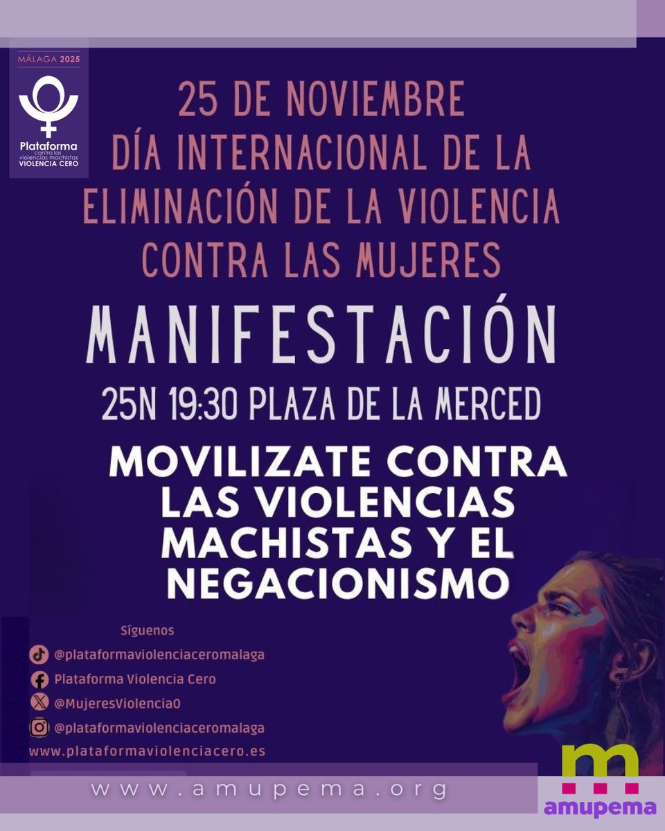 Plataforma Violencia Cero, te invita a participar en la Manifestación por el Día Internacional de la eliminación de la violencia contra las mujeres. 

25 de noviembre a las 19:30 h., Plaza de la Merced.

plataformaviolenciacero.es 

 #ViolenciaContraLasMujeres
