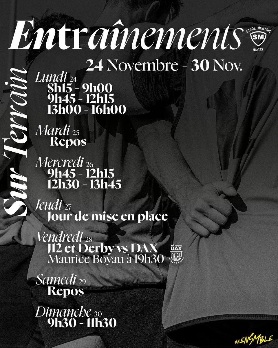 🏟Venez assister aux entraînements ouverts au public de nos Jaune et Noir sur la pelouse de Boniface, avant le déplacement à Dax pour ce premier derby de la saison.

📅 Vendredi 24 Novembre à 19h30
📍 Stade Maurice Boyau

#enSMble