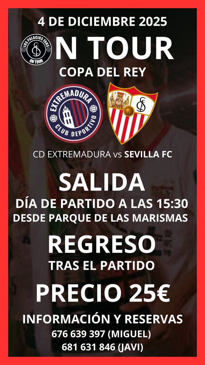 JaviBenedito's tweet image. ON TOUR ALMENDRALEJO
📍 LOS PALACIOS
💶 25€ 
@LosPalaciosFans 
#CopaDelRey #sevillafc #ontour #autobus #autobusalmendralejo