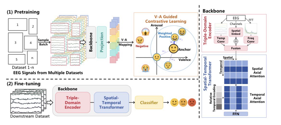 sami_mjanini's tweet image. 🧠 EMOD learns a unified EEG emotion representation with V–A contrastive learning.
🚀 SOTA across 3 datasets with just 0.81M params.
🔮 Toward emotion-aware BCIs &amp;amp; mental-health tech that generalizes.

#EEG #AffectiveComputing #Neurotech