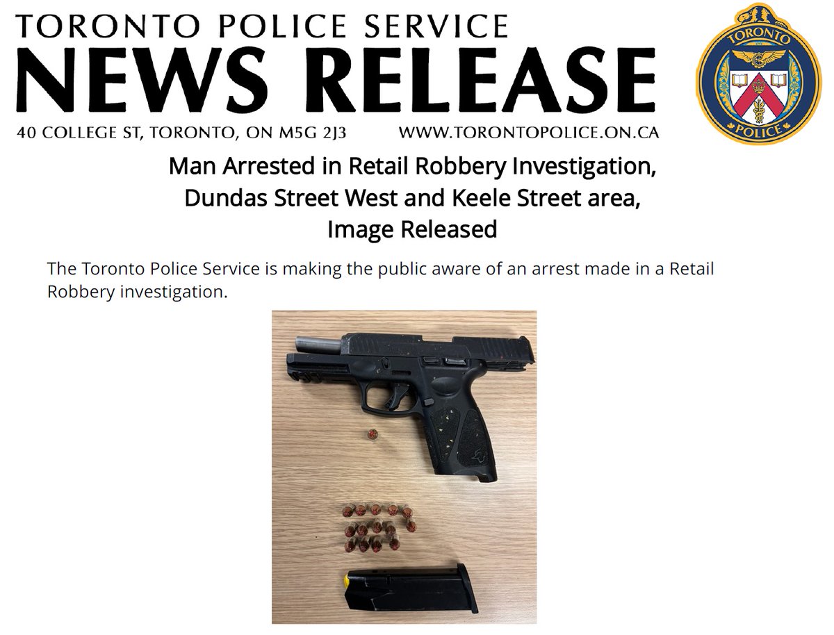TPSHoldUp's tweet photo. Firearm recovered &amp; man arrested by the Toronto Police Hold Up Squad (@TPSHoldUp )!
See media release: https://t.co/dQXOMPOvx0 https://t.co/TBh1TD9ByF