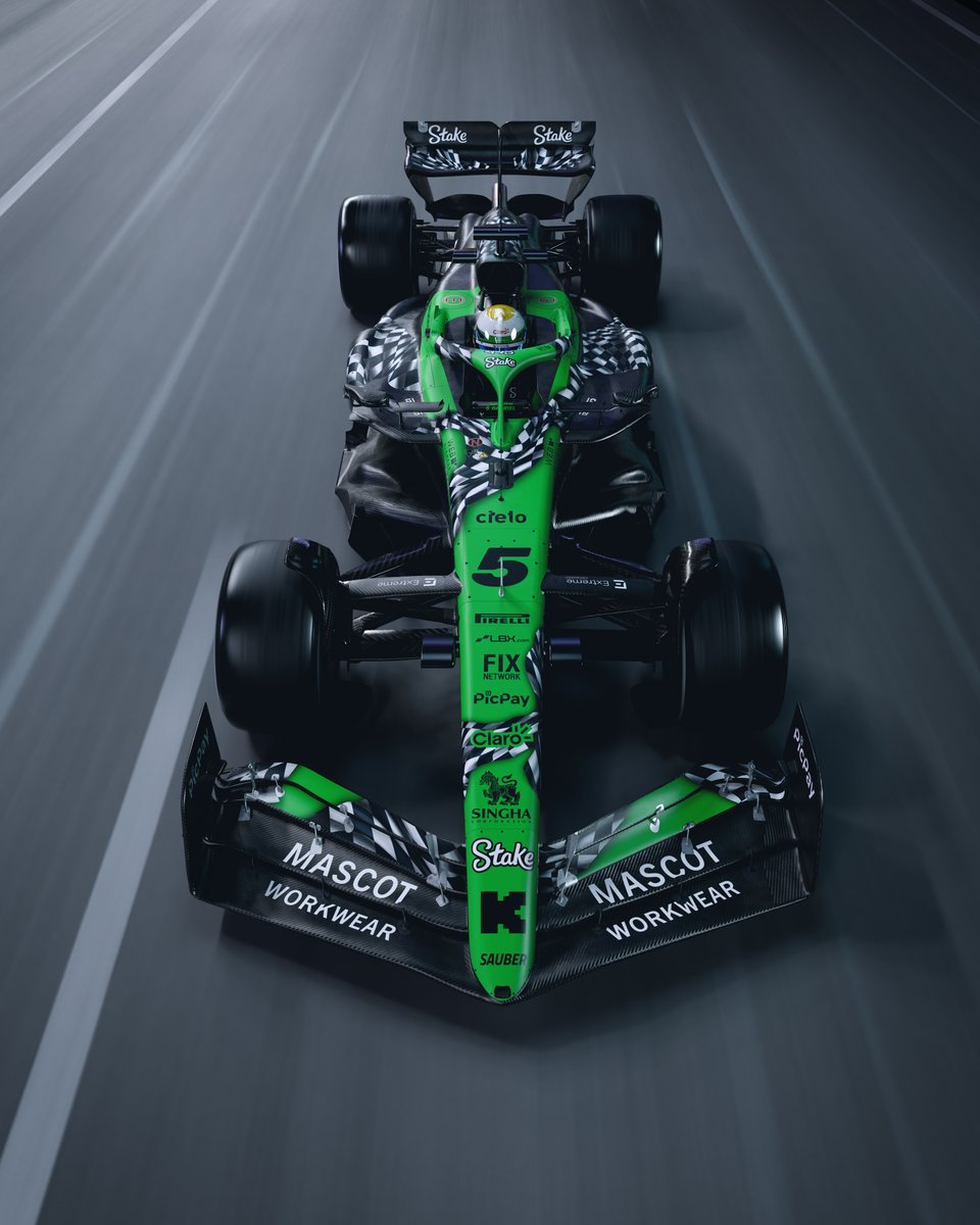 F1's tweet image. Celebrating the end of an era 💚

With only three rounds left in green, @stakef1team_ks have unveiled this special Las Vegas livery as they race towards the season finale 🏁

#F1 #LasVegasGP