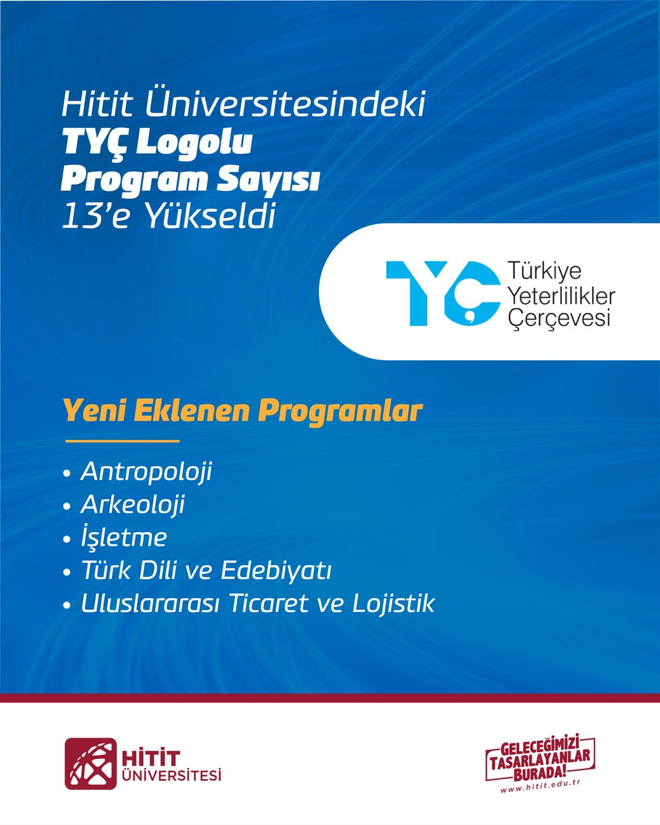 Hitit Üniversitesindeki Türkiye Yeterlilikler Çerçevesi (TYÇ) logolu program sayısı 13’e yükseldi.

Yeni eklenen programlar👇

✅Antropoloji
✅Arkeoloji
✅İşletme
✅Türk Dili ve Edebiyatı
✅Uluslararası Ticaret ve Lojistik

✍️ haber.hitit.edu.tr/egitim/hitit-u…

#HititÜniversitesi