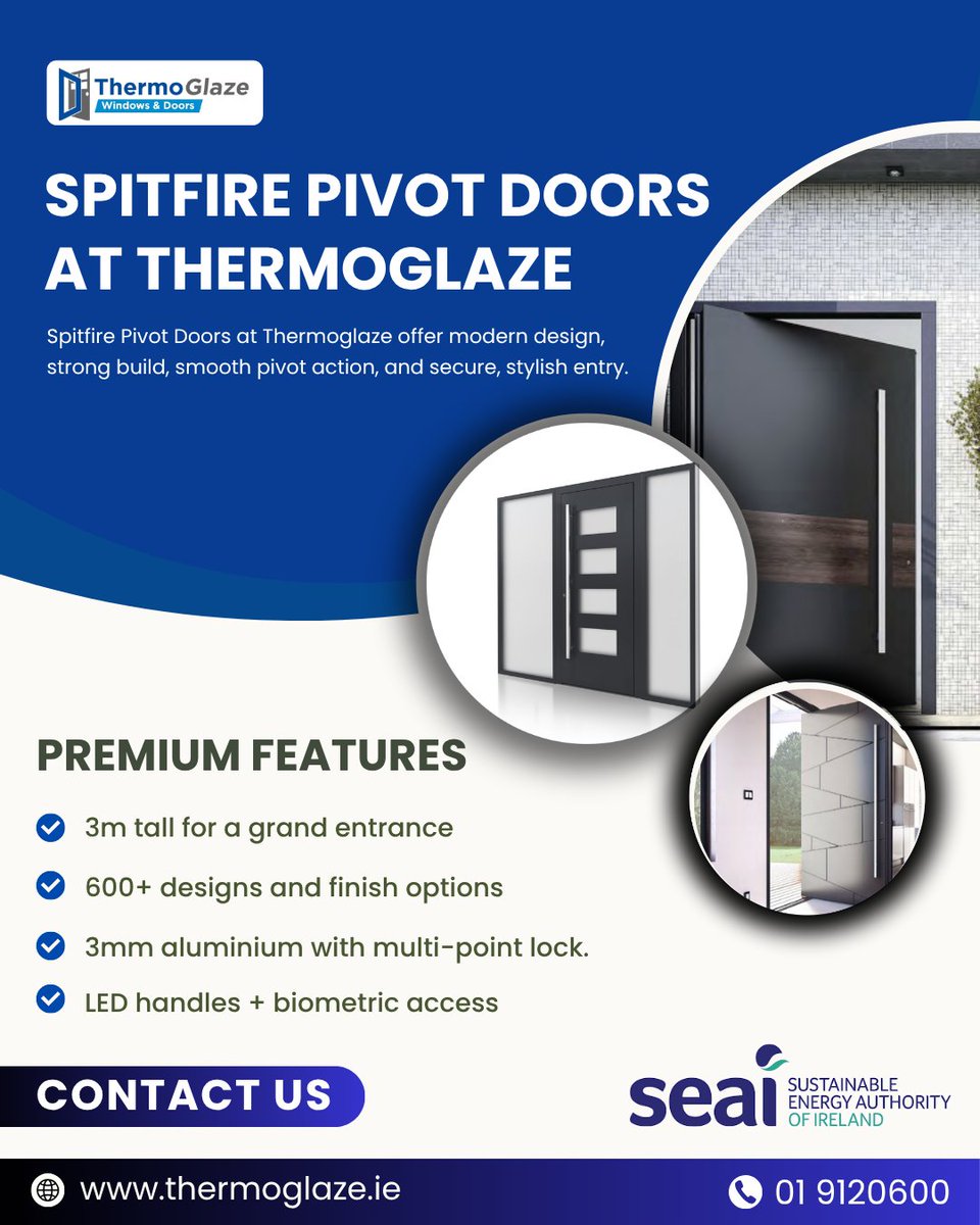 Thermoglaz7255's tweet image. Spitfire Pivot Doors = modern style, 3m height, aluminium strength, LED handles + biometric access.
🔥 600+ designs available.
Explore: thermoglaze.ie/spitfire-door/

#SpitfireDoors #ThermoGlaze #PivotDoor #HomeDesign #IrelandHomes