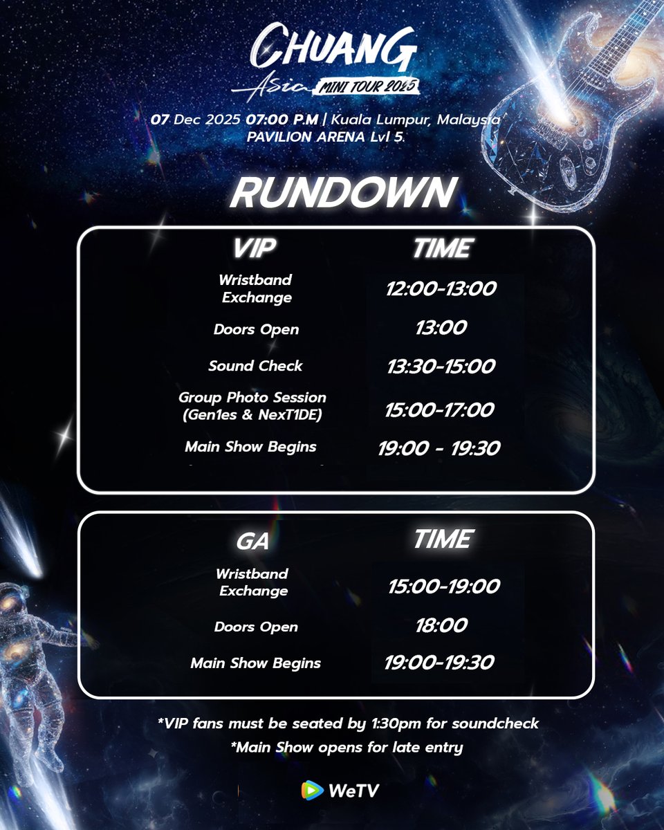 wetvmalaysia's tweet photo. CHUANG ASIA MINI TOUR 2025 🇲🇾 Malaysia—Rundown is here!
Get ready to catch every moment! 🎉 Show kicks off at 7:00 PM. ⏰

Tickets NOW OPEN 👇
🔗 https://t.co/IBUXvth3Rv

#WeTVCHUANGAsiaMiniTour2025
#WeTVCHUANGAsiaMiniTour2025inKL
#WeTV #CHUANGAsia #WeTVMY #WeTVMalaysia https://t.co/R2i0mDuryn