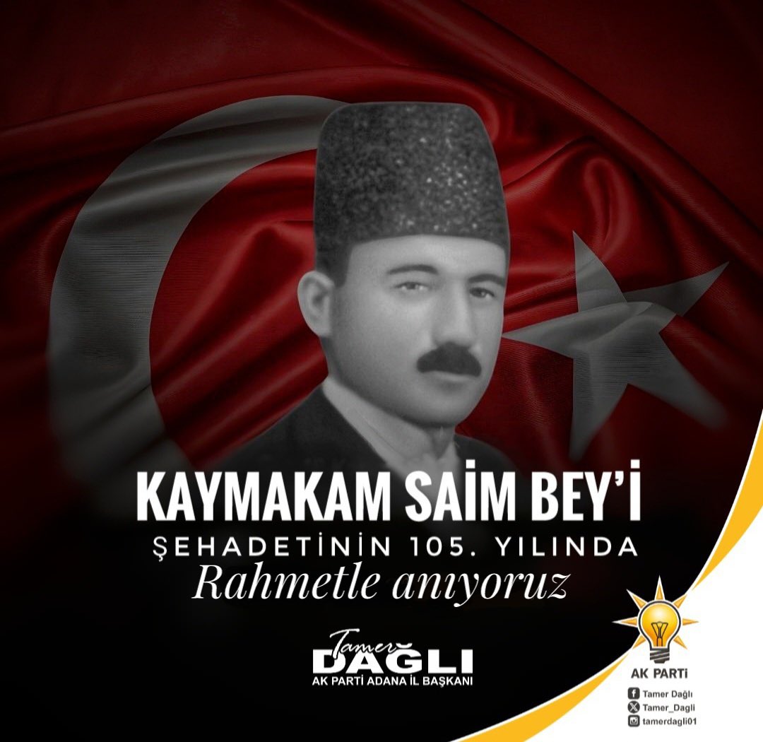 Tamer_Dagli's tweet photo. 🇹🇷 Adana'nın yiğit evladı, Kozan'ın onuru, Milli Mücadele'nin korkusuz kaymakamı Saim Bey...

Vatan toprağının işgal altında olduğu o zor günlerde, makamını bir kenara bırakıp cepheye koşan, halkın direniş sesini devletin kararlılığıyla birleştiren bu genç kaymakam; Mamure Tren İstasyonu'nda, düşmana esir olmaktansa şehadeti seçenlerin kaderiyle buluştu. O gün sadece bir kaymakam değil, Anadolu'nun haysiyeti, Çukurova'nın dik duruşu ve bir milletin yeniden diriliş ruhu hedef alındı. 

Ancak bilmedikleri bir şey vardı:

Toprağa düşenler kaybolmaz; milletinin kalbinde bayrak olur, yol olur, ilham olur.

Saim Bey, Fransız işgaline ve Ermeni çetelerine karşı verilen direnişin en kritik anlarında ön saflarda yer alarak bölge halkına ilham verdi.

Bugün, onun adını taşıyan Saimbeyli'nin rüzgârında, Kozan'ın dağlarında ve bu bereketli ovada dolaşan özgür nefeste onun cesareti ve ruhu yaşamaktadır.

Şehadetinin yıl dönümünde Kaymakam Saim Bey'i rahmetle, minnetle, şükranla anıyoruz. Ruhu şad, makamı âli olsun.