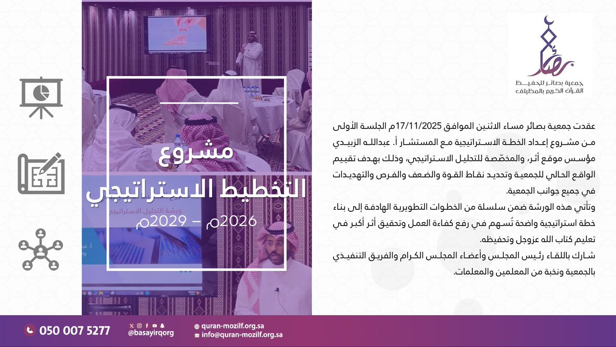 ورشة عمل التحليل الاستراتيجي لمشروع الخطة الاستراتيجية لـ #جمعية_بصائر بـ #المظيلف ٢٠٢٦م - ٢٠٢٩م .