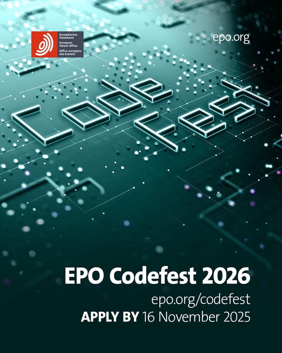 EPOorg's tweet image. 📢 Deadline extended! You now have until 27 November to join #EPOCodeFest 2026 and build smarter ways of valuing patents and IP portfolios. 

Apply here 👉 epo.org/codefest

#CodeChallenge