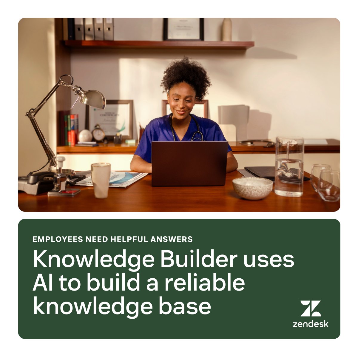 Zendesk's tweet image. Employees ask the same questions when your knowledge base is outdated. Knowledge Builder fixes that. It uses AI to analyze past tickets and create a fresh, reliable, searchable knowledge base so employees can self-serve and get answers instantly: zdsk.co/4o1OB0D