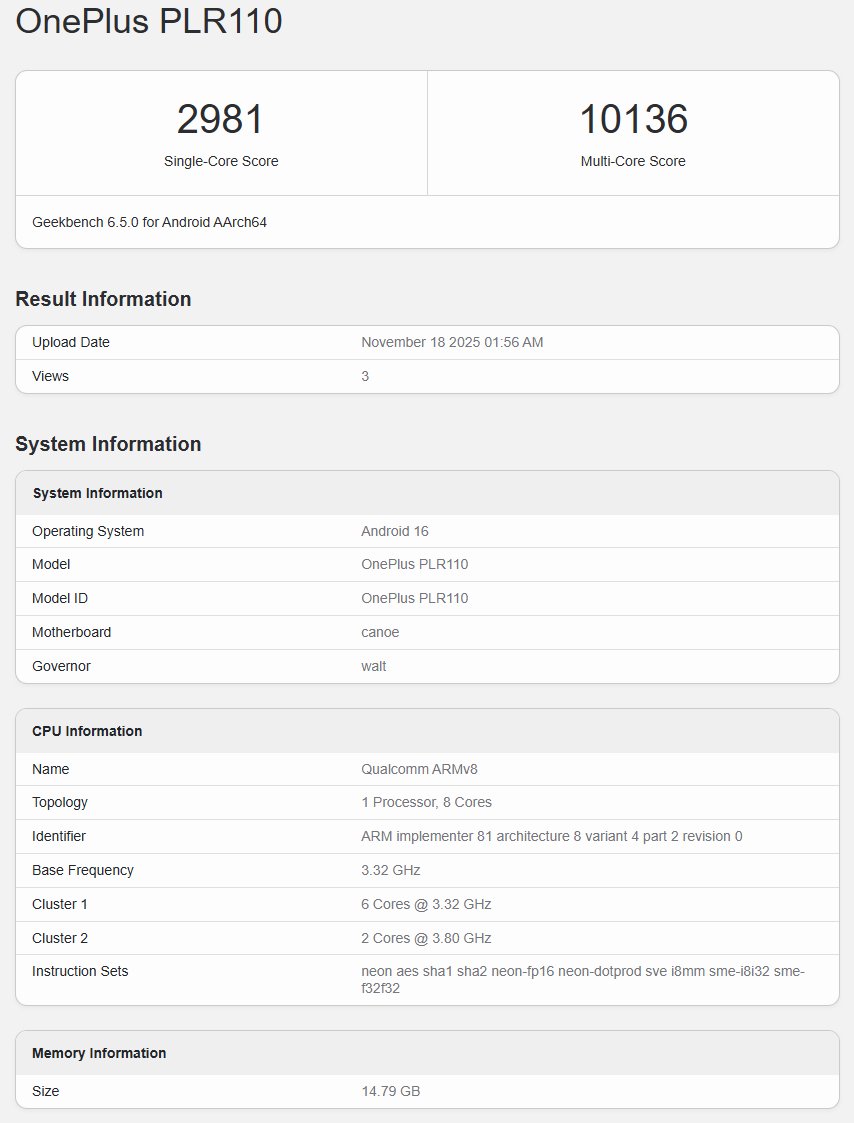 TECHINFOSOCIALS's tweet image. Snapdragon 8 Gen 5 first Geekbench run revealed.

This is seemingly on OnePlus Ace 6T (PLR110)

CPU:

— (2) 3.80GHz Oryon L (P)
— (6) 3.32GHz Oryon M (Mid)

Scored 2.9K± in ST &amp;amp; 10.1K± in MT

GPU: Adreno 840

Pretty Solid Performance honestly!