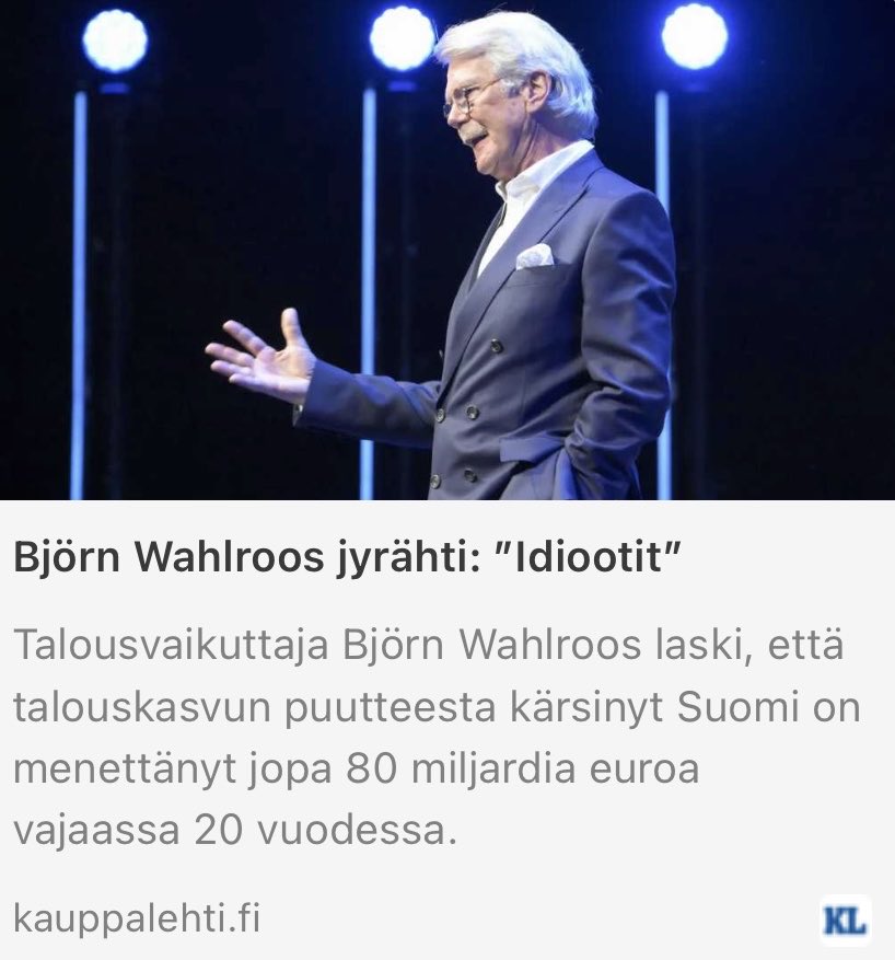 HuhtasaariSaara's tweet photo. Björn Wahlroos sanoi osuvasti: talouskasvua ei synny virkamiesten kokoushuoneissa eikä tylsien ihmisten excel-taulukoissa. Se syntyy vain, kun intohimoisille ja osaaville ihmisille annetaan vapaus, kannusteet ja tilaa toimia. 

Tätä yksikään suomalainen poliitikko tai virkamies ei ole sisäistänyt 20 vuoteen. Sen sijaan poliitikot ja kaikenmaailman asiantuntijat pönöttävät A-studiossa vuodesta toiseen, ja lupaa että ensi vuonna tapahtuu taika: verotus laskee, työllisyys ja talous lähtee kasvuun. Nyt 20 vuotta ja 5 hallitusta myöhemmin: mitään taikoja ei ole tapahtunut.

Sen sijaan suomessa on:
- Maailman korkeimmat välilliset verot ja maksut. Ansiotulojen kokonaisveroaste (verot + sotu + TyEL + päivähoitomaksut + ALV) joka ovat täysin karanneet. 
- Julkinen sektori, joka paisuu kuin pullataikina 
- Byrokratia, joka on muuttunut täydelliseksi painajaiseksi
- Ilmastouskonto, joka on vallannut valtionhallinnon 
- Rikollisuus, joka kasvaa silmissä. Poliisi ei tutki ja tuomioistuinlaitos on romahtanut
- Media – YLE, HS, MTV, IL, IS, Kaleva, BBC – joka toimii puhtaana valtion propagandakoneena ja sylkee valhetta 24/7
- Korruptio, joka rehottaa pahemmin kuin Ukrainassa tai Pohjois-Koreassa, mutta Suomessa se on vain “hyvinvointivaltion normaalia hallintoa”

Ja poliitikot nostavat katseensa taivaalle ja hokevat: “Maailman suhdanteet ovat vaikeat.” Ei hemmetti. Peiliin pitäisi katsoa.

Nykyinen Arkadianmäen ja ministeriöiden kuppikunta ei pysty mihinkään rakenteelliseen muutokseen, koska he ovat itse se ongelma. He ovat kasvaneet tähän järjestelmään sisään, he elävät siitä, he hyötyvät siitä. He eivät halua muutosta – he haluavat vain seuraavat vaalit.

Ainoa tapa saada Suomi nousuun on potkia koko tämä lafka kumoon ja rakentaa tilalle jotain, esim. UAD-malli, missä kansalla on ääni, yrittäjä ei ole vihollinen, missä veroja ei kerätä 57 % palkasta, missä virkamies ei päätä mitä saat tehdä omalla maallasi ja missä media ei ole valtion palkkalistoilla. Muuten Suomi jatkaa kuolemaa hitaasti, yksi “ensi vuosi” kerrallaan. Ja se on hemmetin surullista. @suomi_timo40701 #UADmalli