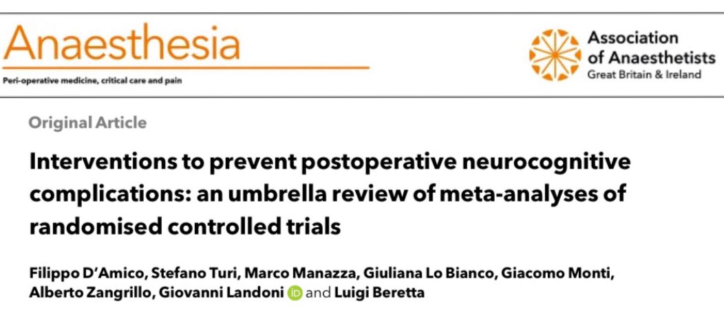 💥The most comprehensive evidence on postoperative delirium has just been published.

Our umbrella review includes 114 meta-analyses and over 250,000 patients.
Here’s what we found. 👇

doi.org/10.1111/anae.7…