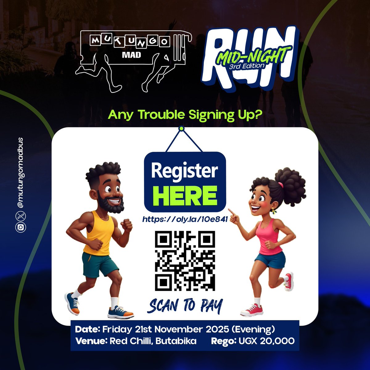 Back from a 15k morning blast with the <a href="/mutungomadbus/">The Mutungo Madbus</a> , the Engine is  ready for the MIDNIGHT RUN this FRIDAY NIGHT! 

Less than 3 days left, Kampala’s biggest night run is about to explode! 

Let’s Chase The Sunrise together  

Register NOW:  oly.la/10e841