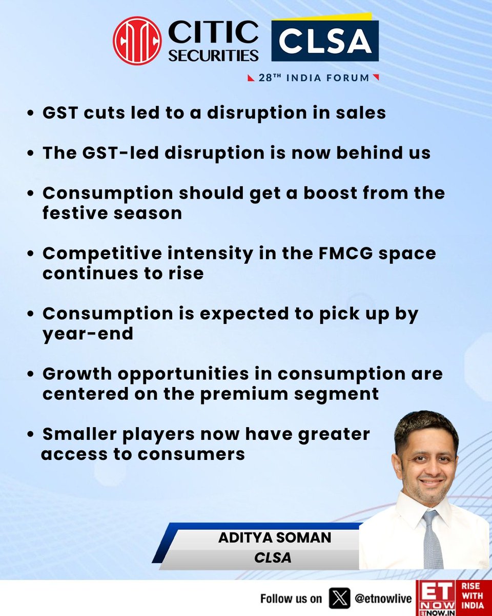 ETNOWlive's tweet image. #OnETNOW | CLSA’s Aditya Soman says GST disruptions are behind us and festive demand should boost consumption, even as rising competition and premium-led growth reshape the FMCG space

@citic_clsa #IndianEconomy #GSTReforms #StockMarket