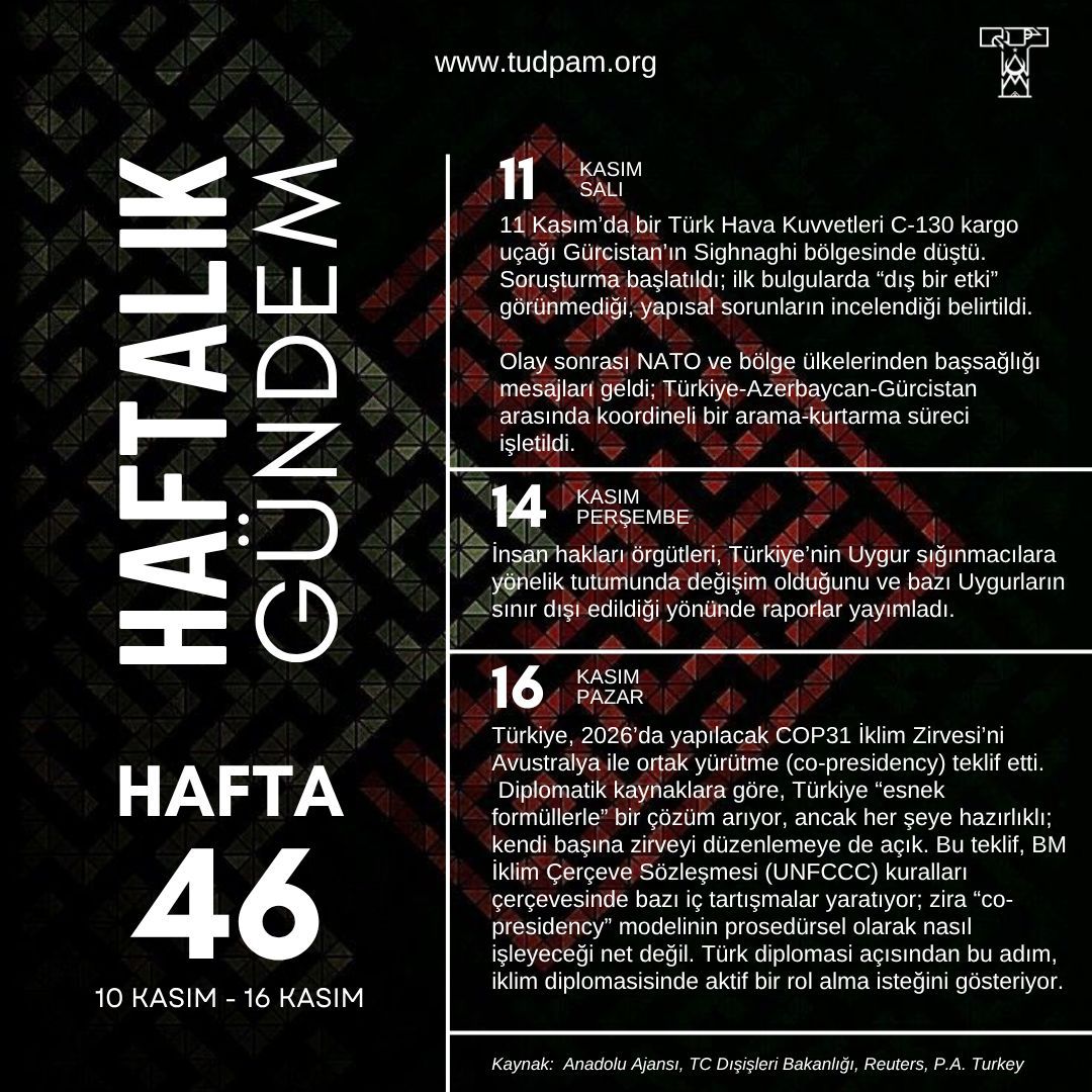 📌TUDPAM Araştırma Asistanı Görkem Berk Gedikli‘nin hazırlayıp tasarladığı “Haftalık Gündem 2025 46. Hafta” isimli #Türk Dış Politikasının haftalık gündem infografiği sizler için beğenilerinize sunulmaktadır.

İncelemek için 👇🏼👇🏼👇🏼
tudpam.org/haftalik-gunde…