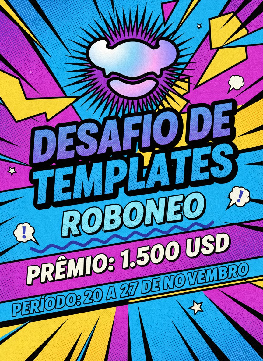 RoboNeo_ai's tweet photo. 🎉 $1.500 em Prêmios! Desafios RoboNeo Sem Fim!

2025 RoboNeo Template Challenge x @Fabiosabr

📅 Período de inscrições: 20 a 27 de novembro

🏆 Prêmios:
1º lugar: $800
2º lugar: $400
3º lugar: $300
Além disso: 5 participantes destaques receberão 1 mês de assinatura RoboNeo!

⬇️ Regras de participação