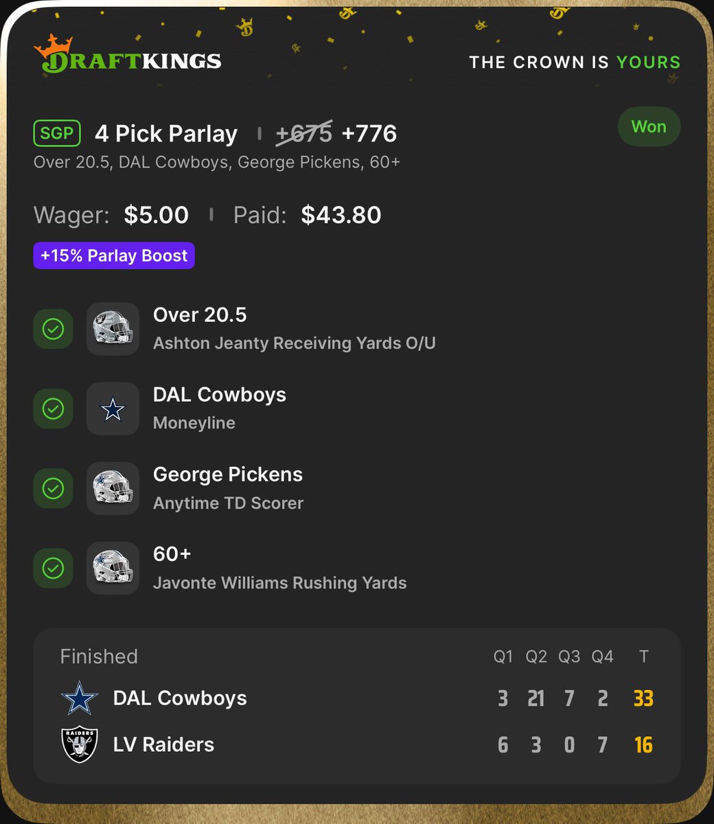 Bangggg ✅✅✅

Lockett falls one short of the base but we grab the boosted sgp 🚀

Drop your slip in comments if you tailed and follow for next weeks plays 🤝