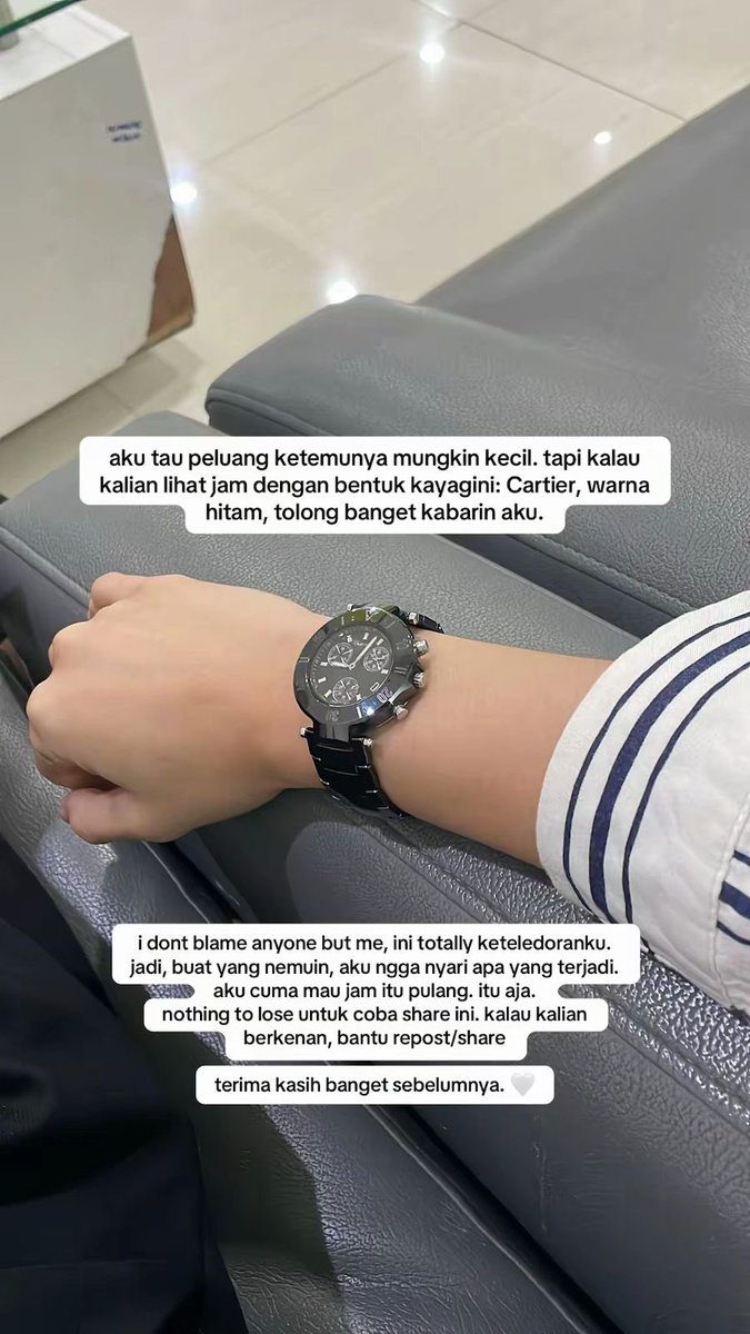 X please do your magic !

Temenku kehilangan jam tangan peninggalan Alm Ibu nya krn dia lupa ambil lg pas wudhu d Spark mall. Syg nya pas balik lg udah ga ada.

Barangkali ada yang bantu simpenin.