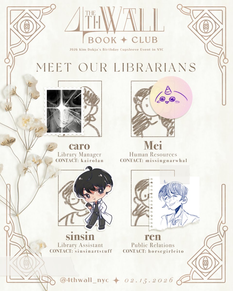 📖  MEET OUR LIBRARIANS

We're working to ensure your visit to Kim Dokja's Library is an enjoyable one! Join us on February 15, 2026 at Enoch's Coffee in Hudson Yards from 12PM to 5PM ✨

#HBD_KDJ_NYC2026 #4thWallBookClub