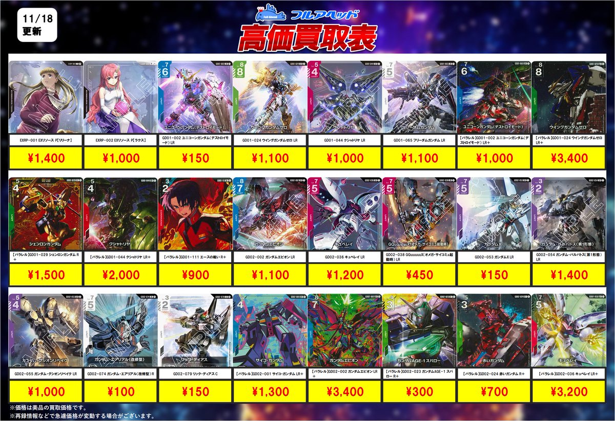 💥価格更新情報💥】 ガンダムカード買取表を更新いたしました！！ 今回