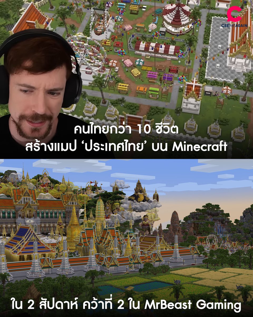 คนไทยสร้างแมป ‘ประเทศไทย’ บน Minecraft คว้าที่ 2 | #Ceemeagain

ช่อง #MrBeastGaming ได้ปล่อยวิดีโอที่ให้ผู้เล่นกว่า 600 คนทั่วโลก แข่งสร้าง “ประเทศของตัวเอง” ใน #Minecraft โดยทีมไทยกว่า 10 ชีวิต ได้สร้างแมปประเทศไทย ใน 2 สัปดาห์ และได้คะแนนที่ 2 รองจากอินโดนีเซีย
