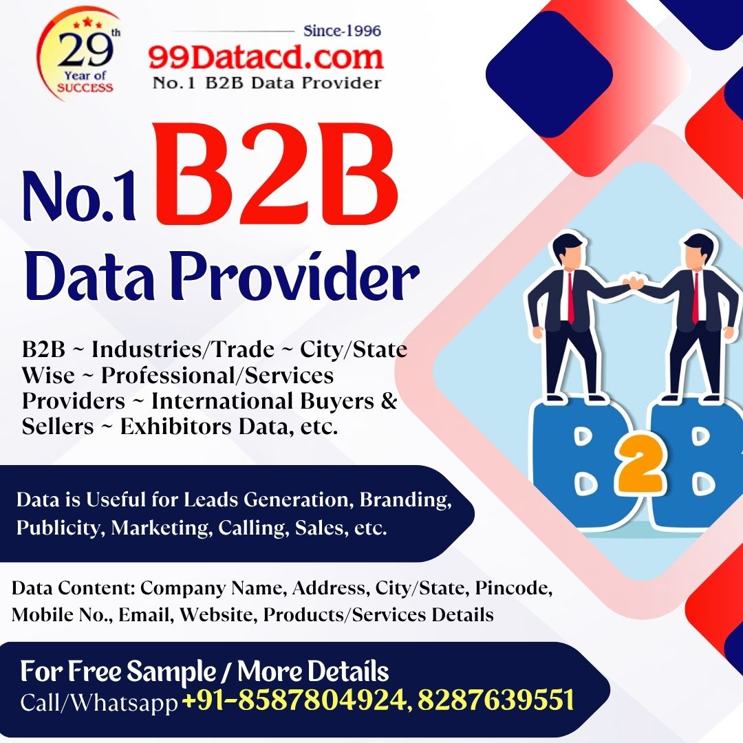 datacdprovider's tweet image. Trusted B2B Data Provider &amp;amp; Business Directory - #99Datacd
.
Contact for enquiries / free sample data:
Contact: +91-8587804924, 8287639551
Email: sales@99datacd.com
Website: 99datacd.com
.
#databaseprovider #b2bDataProvider #bestdataprovider #DatabaseProviderCompany