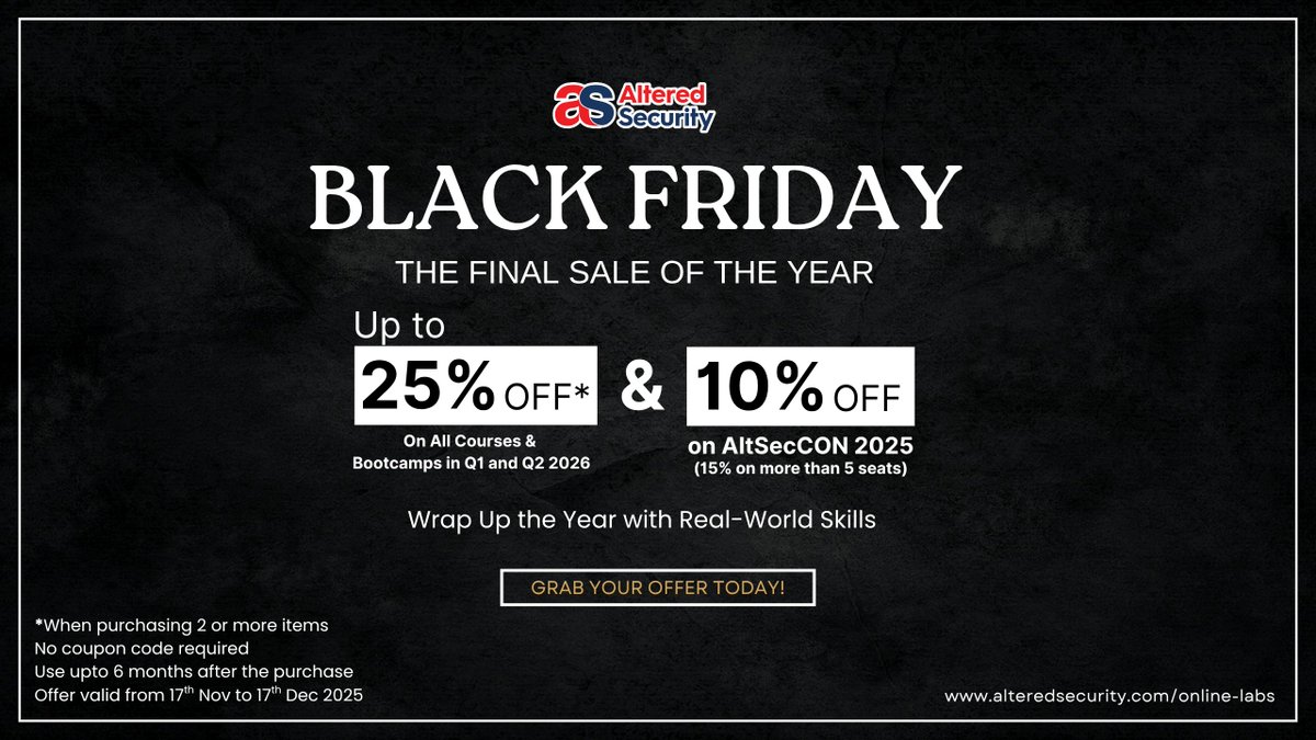 AlteredSecurity's tweet image. Altered Security Black Friday Giveaway + Mega Sale!

Win free access to two of our most popular certifications:
• 1 CRTP seat
• 1 CARTP seat

How to participate:
• Like this post
• Comment which course you’re interested in and why
• Repost

Winners will be selected randomly…