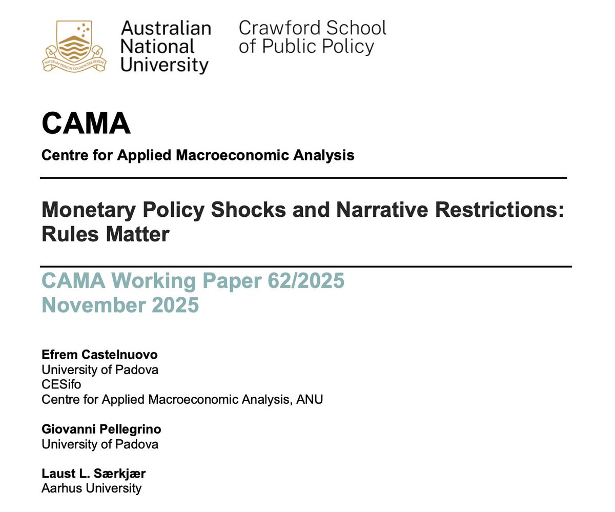 CAMacroAnalysis's tweet image. 📘CAMA just released a new paper, Vol 62/2025: Monetary Policy Shocks and Narrative Restrictions: Rules Matter by @EfremCastel, Giovanni Pellegrino &amp;amp; Laust L. Særkjær 📊

#MonetaryPolicy #Macroeconomics

Read the full paper 👇
🔗 bit.ly/3JR7F3N

@ANUCrawford