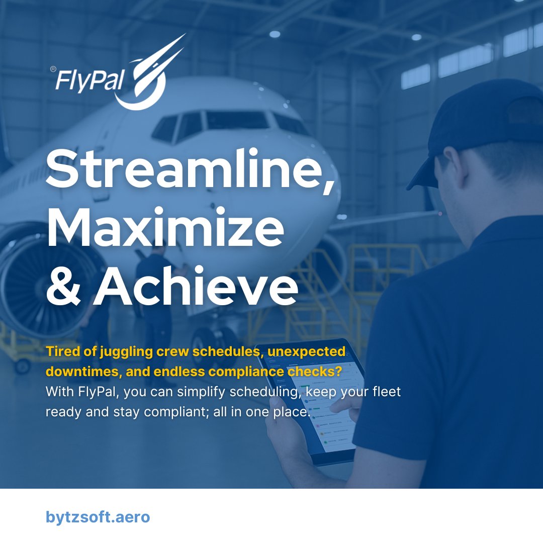 BytzSoft's tweet photo. The hardest part of ops isn’t the workload, it’s the blind spots.

When #crew, #Aircraft  status and #Compliance are all connected, decisions get faster and downtime drops.

That’s the power we’re building with FlyPal.
More clarity. More control. More confidence. https://t.co/GlLGNkDOIl