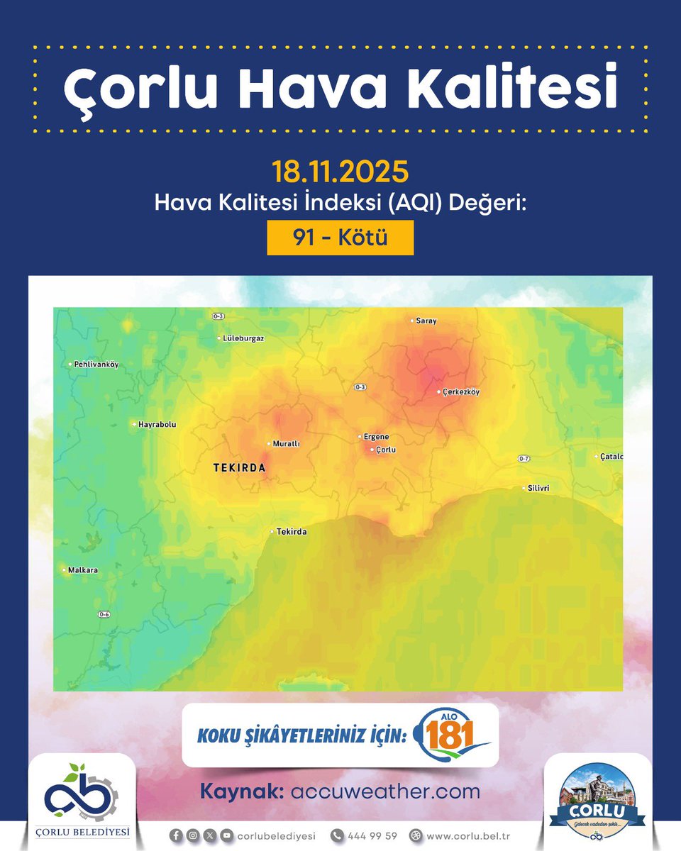 ❗️Çorlu’muzda bugün hava kirlilik düzeyi 91 olarak ölçüldü. Bu durum, hava kalitesinin olumsuz etkilendiğini gösteriyor. Daha temiz, daha yaşanabilir bir Çorlu için hep birlikte duyarlı olalım.

❗️Kentimizde hissedilen kötü kokuya ilişkin şikâyetlerinizi ALO 181 hattını arayarak