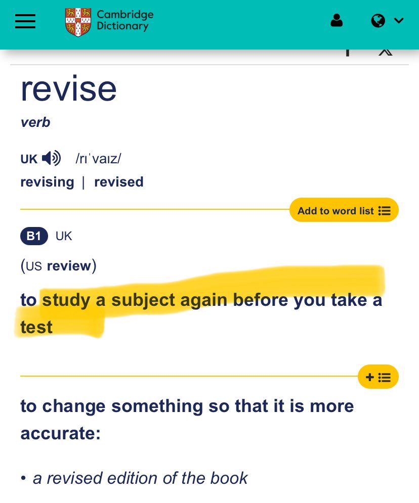 BritishEigo's tweet image. 今日のイギリス英語：revise (for a test/an exam)
意味：復習する、試験勉強をする

例：
A: Where’s Bob?
B: He’s in his room revising for tomorrow’s test.

名詞だとrevisionになります。

Reviseは🇺🇸英語では「修正・改訂する」という意味になります⭐️