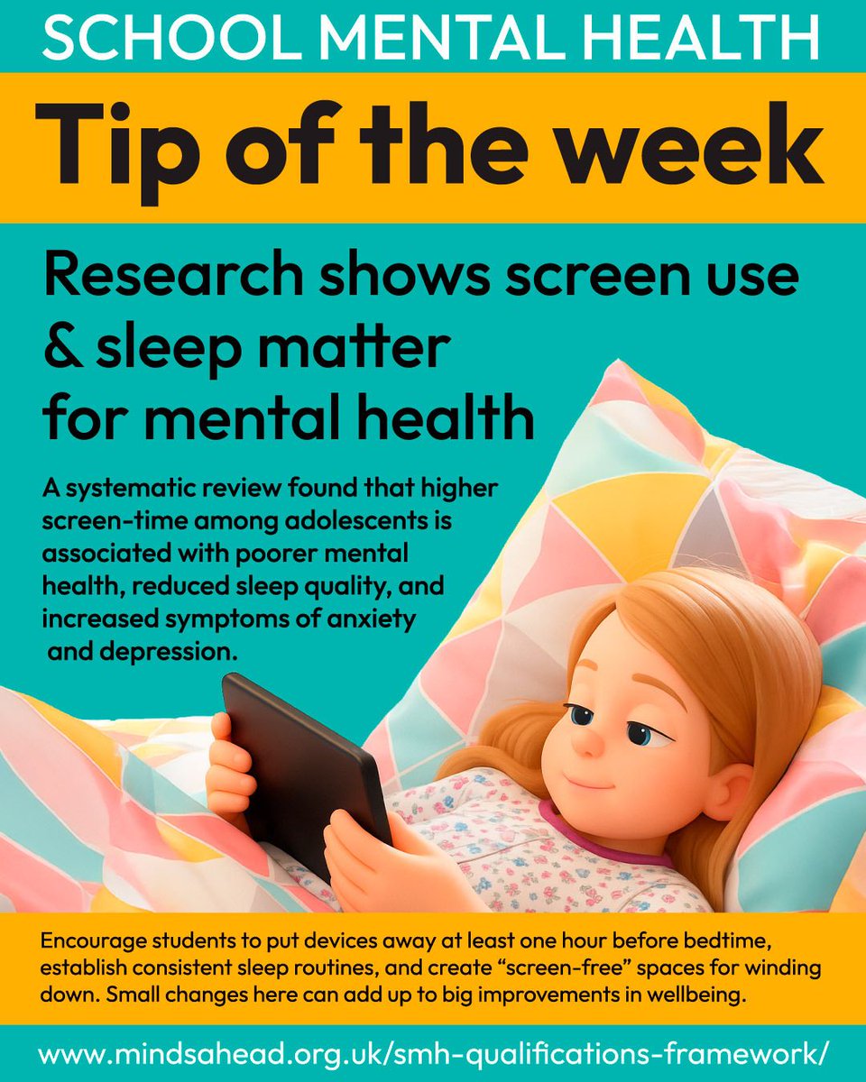 📱💤 ( Source: buff.ly/Pg0wURg )
🎓 Want to lead positive mental health change in your school?
👉 Explore our qualifications: buff.ly/qS58li3

#SchoolMentalHealth #StudentWellbeing #MindsAhead #MentalHealthTip #ScreenTime #BetterSleepBetterHealth #DigitalWellbeing