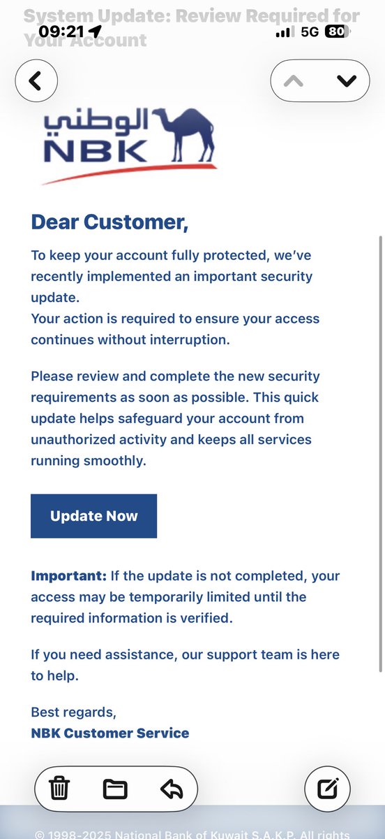 bourashed's tweet image. صباح الخير جميعا..
انتبهوا يا جماعة..
البنك الوطني أو أي بنك آخر لم ولن يطلب منك تحديث بياناتك عبر رابط بإيميل!!
انتبهوا لا تطيحون بالمطب!!
@NBKPage @CentralBank_KW @ECCCD