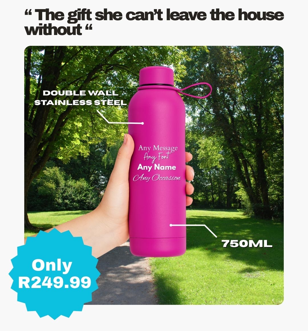 𝗘𝗹𝗲𝘃𝗮𝘁𝗲 𝘆𝗼𝘂𝗿 𝗵𝘆𝗱𝗿𝗮𝘁𝗶𝗼𝗻 𝗴𝗮𝗺𝗲 𝘄𝗶𝘁𝗵 𝗼𝘂𝗿 𝗗𝗼𝘂𝗯𝗹𝗲 𝗪𝗮𝗹𝗹 𝗦𝘁𝗮𝗶𝗻𝗹𝗲𝘀𝘀 𝗦𝘁𝗲𝗲𝗹 𝗘𝗻𝗴𝗿𝗮𝘃𝗶𝗻𝗴 𝗟𝘂𝘅𝘂𝗿𝘆 𝟳𝟱𝟬𝗺𝗹 𝗪𝗮𝘁𝗲𝗿 𝗕𝗼𝘁𝘁𝗹𝗲! 🥤✨
This sleek, insulated bottle keeps your drinks hot or cold for hours, all while