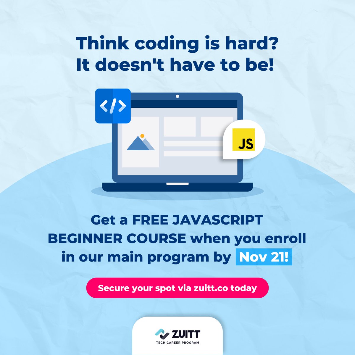 zuittco's tweet image. Habol na, bes! Invest in yourself before it&apos;s too late.

Get your slot on or before November 21 and future-proof your career. 💻
🔗 Register here: codenow.zuitt.co/LastJavaScript…

#JavaScript #CodingGoals #LastChance #WebDevelopment #ProgrammingPH #TechSkills #FutureProof #Zuitt