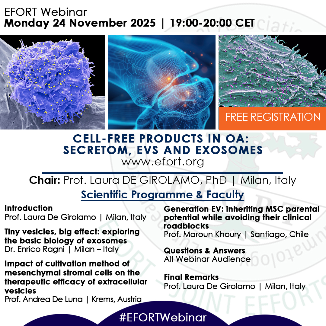 EFORTnet's tweet photo. What will you learn? π€ Our #EFORT #webinar on Cell-free products in OA will help you:
β
Understand #Exosomes
β
Analyze EV production
β
Assess safety/efficacy data
ποΈ 24 Nov 2025 | 19:00 CET FREE!
π https://t.co/sFwNCIZRHa
#LearningObjectives #OA #RegenerativeMedicine https://t.co/LuZPRistfP
