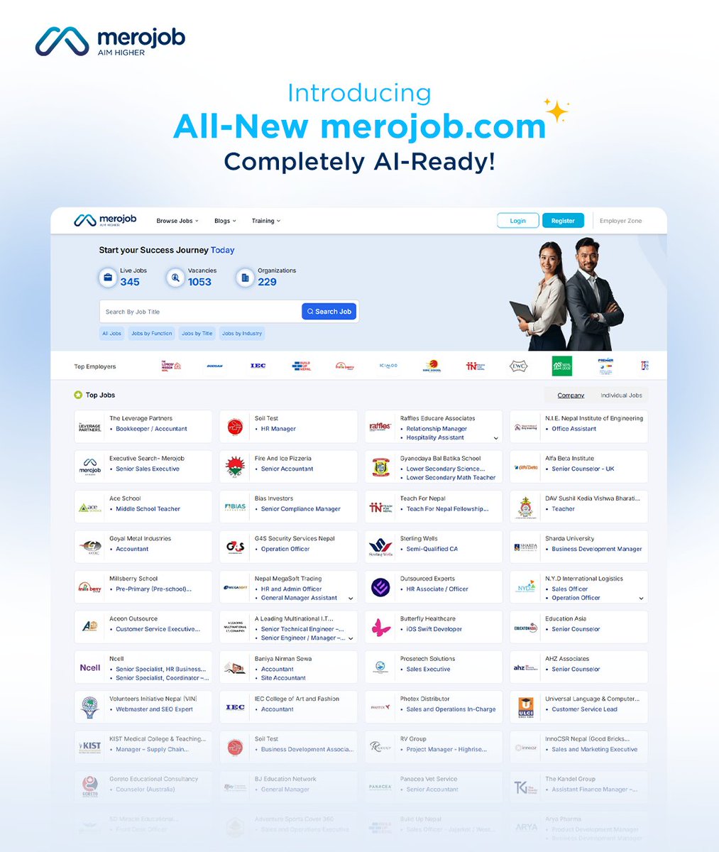 merojob's tweet photo. 𝐈𝐧𝐭𝐫𝐨𝐝𝐮𝐜𝐢𝐧𝐠 𝐀𝐥𝐥-𝐍𝐞𝐰 𝐦𝐞𝐫𝐨𝐣𝐨𝐛.𝐜𝐨𝐦- 𝐍𝐨𝐰 𝐂𝐨𝐦𝐩𝐥𝐞𝐭𝐞𝐥𝐲 𝐀𝐈-𝐑𝐞𝐚𝐝𝐲!✨✨
We are thrilled to share the new merojob platform to build the future of recruitment in Nepal. 
👉 Explore the new platform today: https://t.co/GflLjqHUCL https://t.co/NhGRDgRwfn