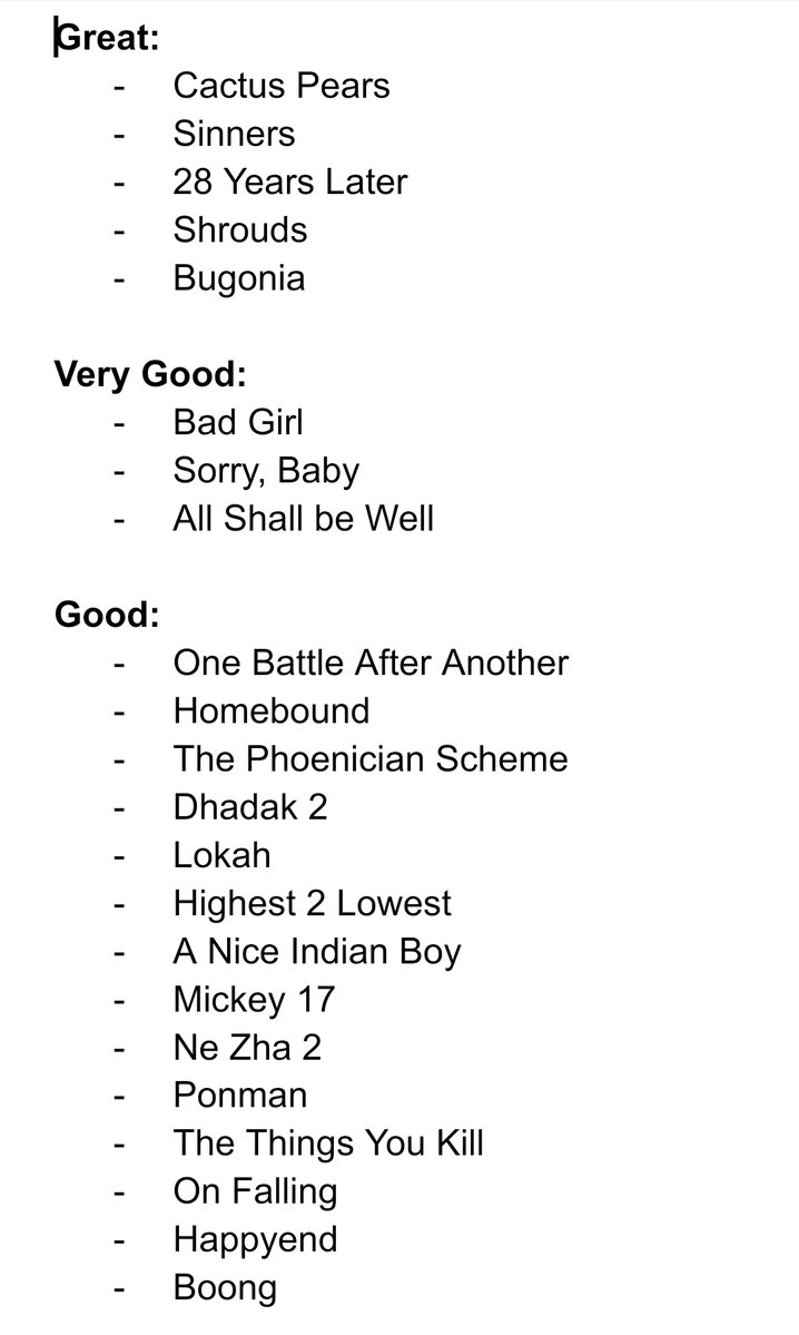 Batwayne_'s tweet image. My 2025 scorecard so far. Not including movies which were mid and just timepass like Weapons or Mission Impossible.