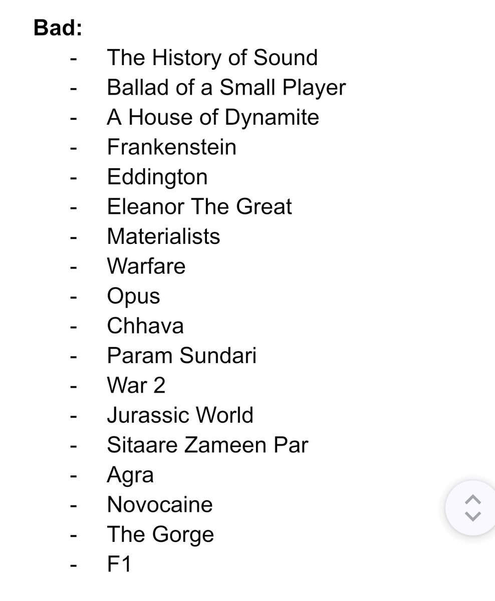 Batwayne_'s tweet image. My 2025 scorecard so far. Not including movies which were mid and just timepass like Weapons or Mission Impossible.