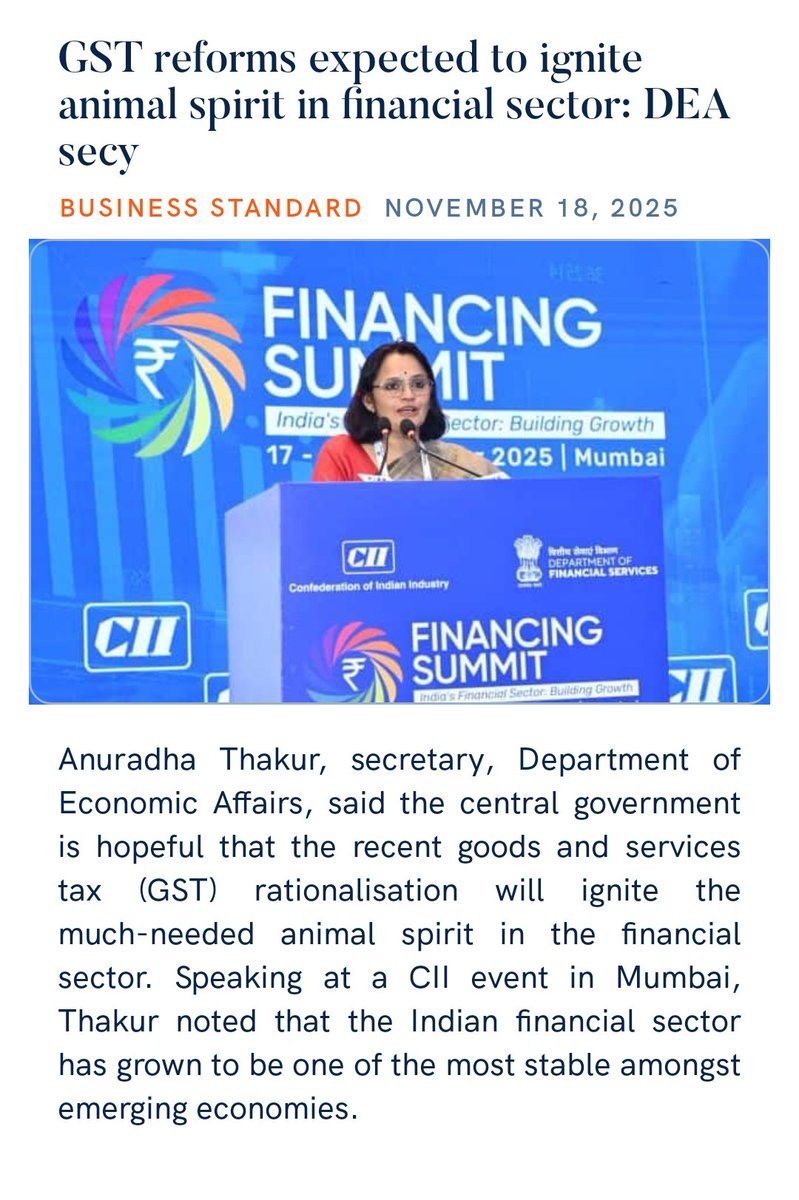 zahidpatka's tweet image. PM @narendramodi Ji
#NextGenGSTReforms
expected to ignite animal spirit in financial sector: DEA secy
Combined with the income tax relief provided to the middle class  and the 100-basis-point cut in the repo rate that has made borrowing cheaper,
business-standard.com/finance/news/g…
@PMOIndia